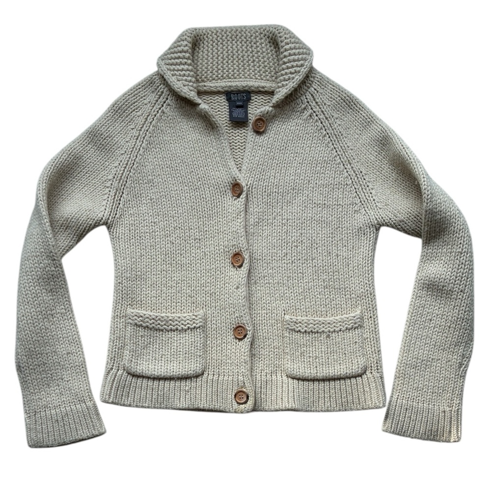 Roots Women's Vintage Beige Wool Blend Knit Cardigan Sweater Medium Fits Small